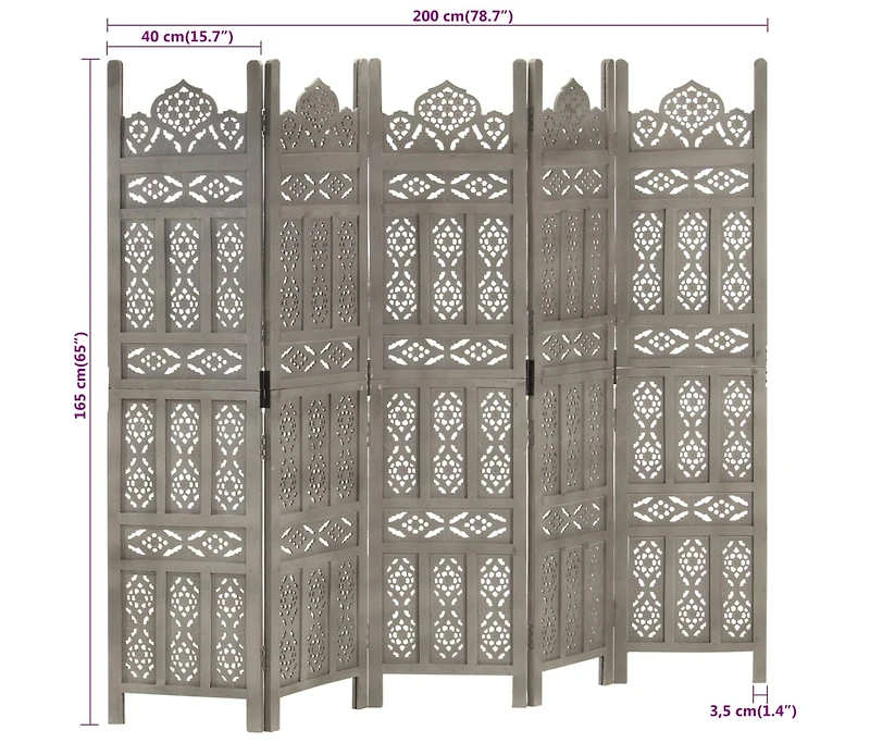 vidaXL Hand carved 5-Panel Room Divider Gray 78.7"x65" Solid Mango Wood