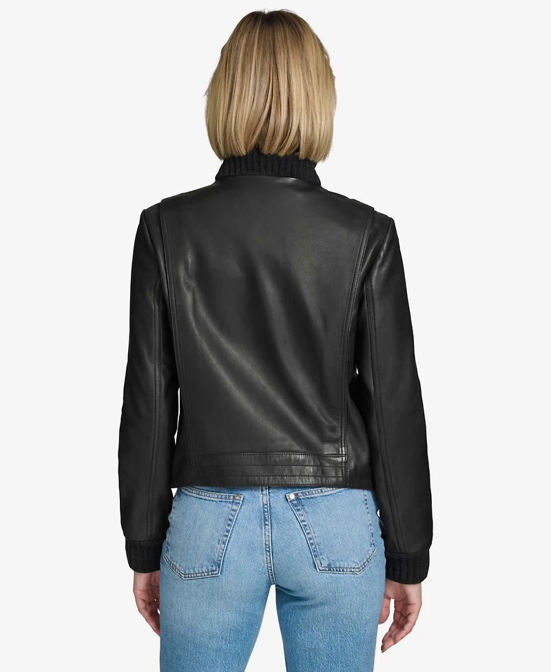 Andrew Marc Black Label Women's Beatrix Rib-Knit Trimmed Leather Jacket