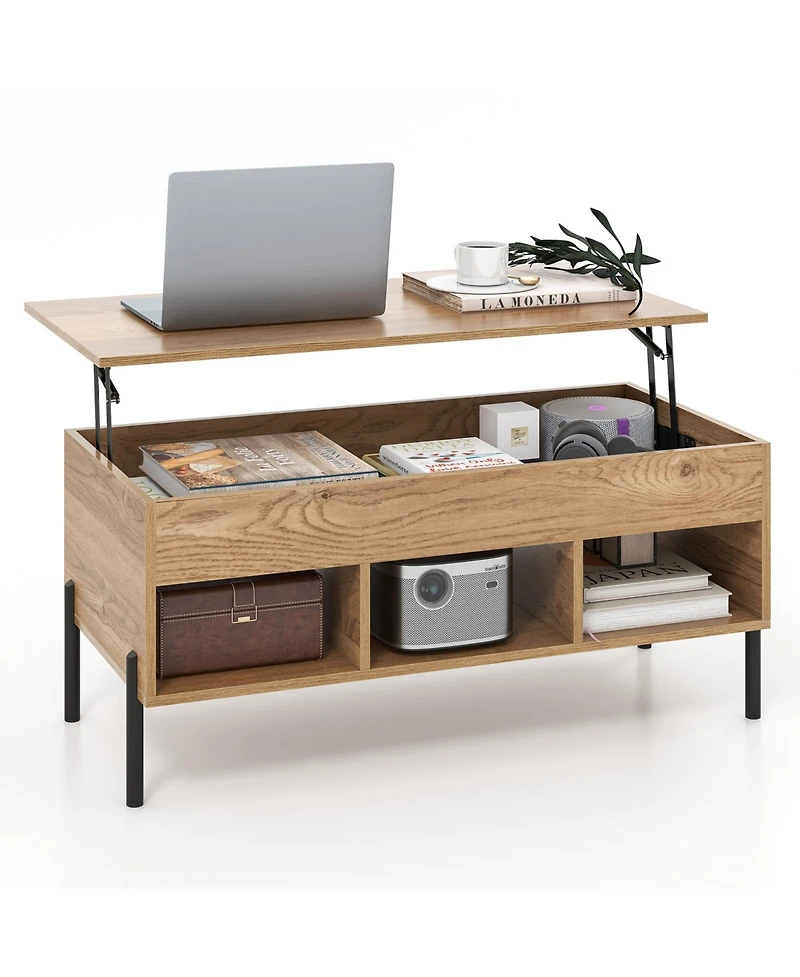 Sugift Living Room Central Table with Lifting Tabletop and Metal Legs-Natural