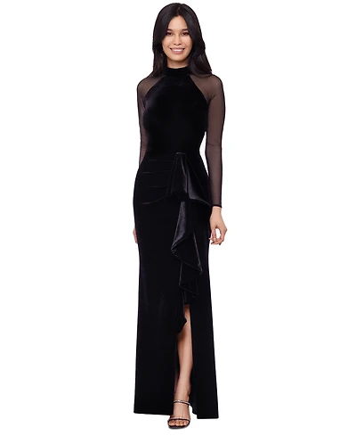 Betsy & Adam Petite Illusion-Sleeve Velvet Gown