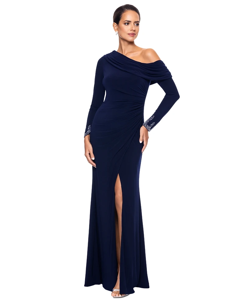 Betsy & Adam Women's Off-One-Shoulder Beaded-Cuff Gown