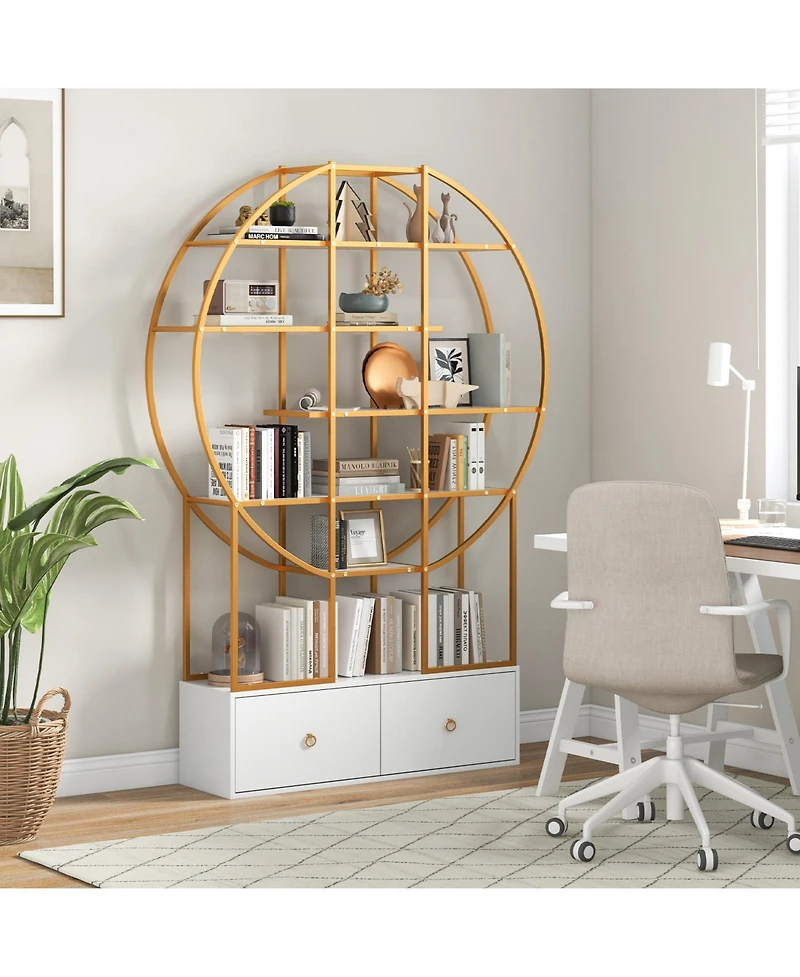 71 Inches 6-Tier Gold Bookshelf with 2 Storage Drawers-Golden