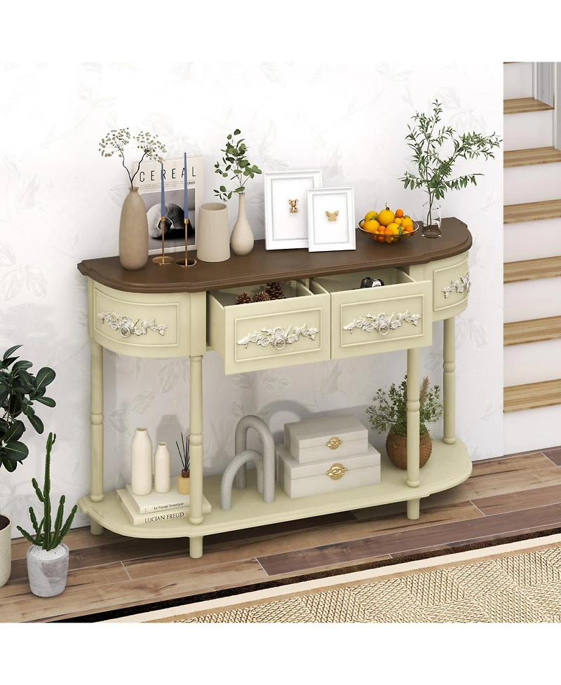 Retro Curved Console Table with Drawers and Solid Wood Legs-Beige