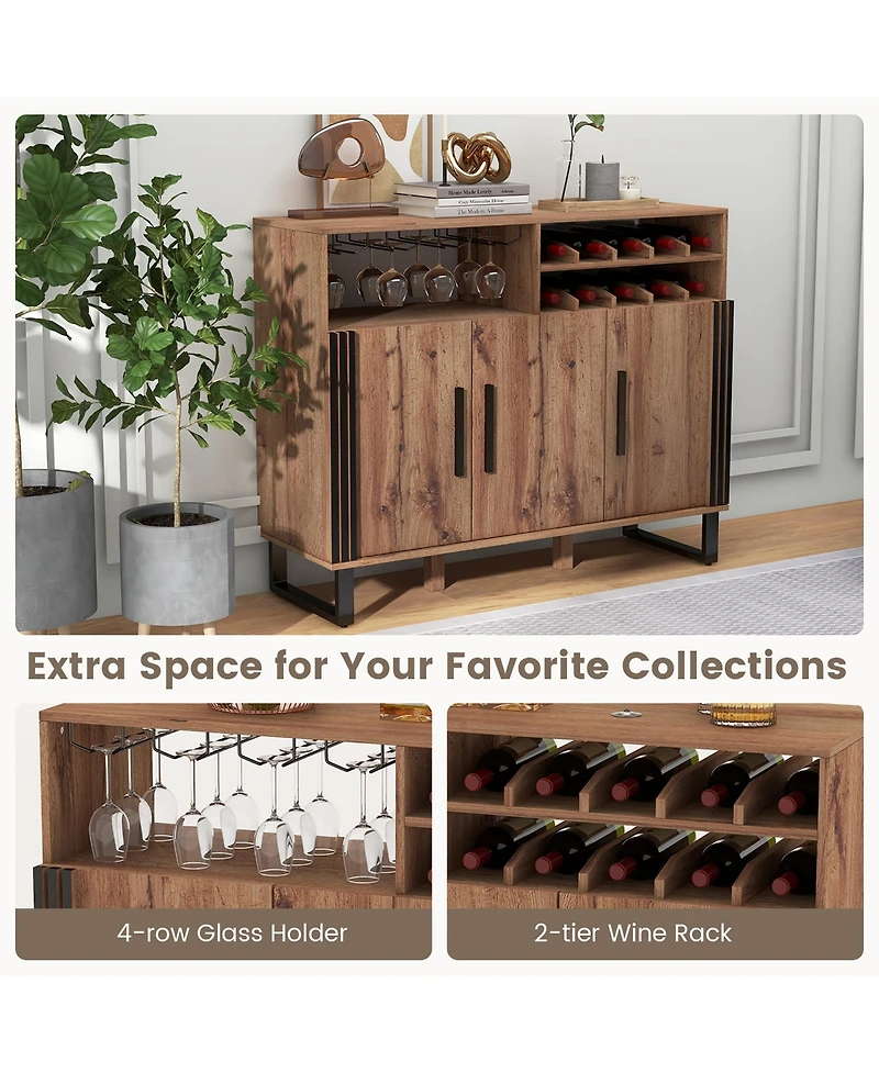 Gymax Home Wine Bar Cabinet w/ 3 Doors & Adjustable Shelves 2-tier Wine Rack Sideboard