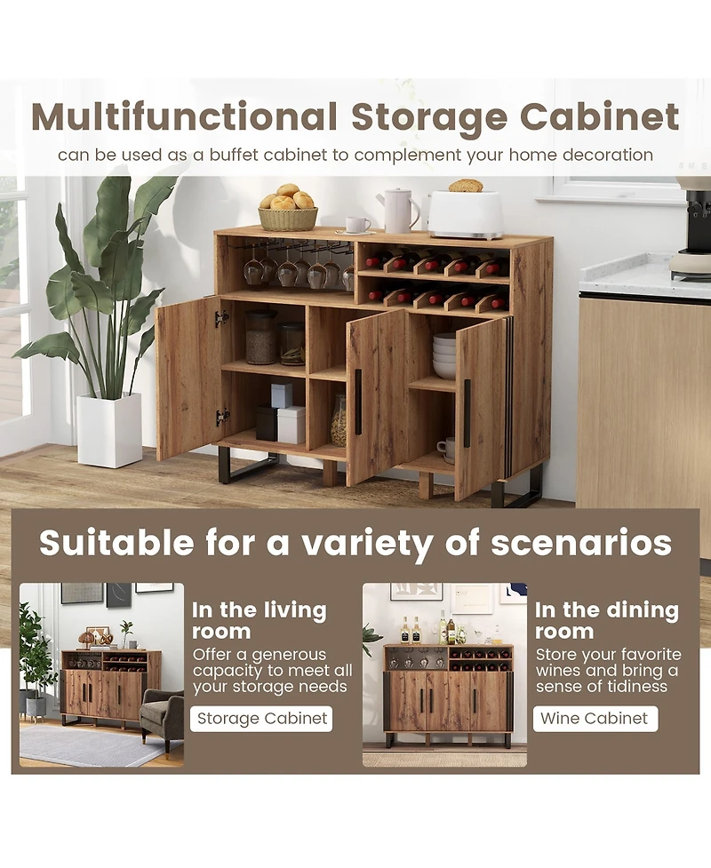 Gymax Home Wine Bar Cabinet w/ 3 Doors & Adjustable Shelves 2-tier Wine Rack Sideboard