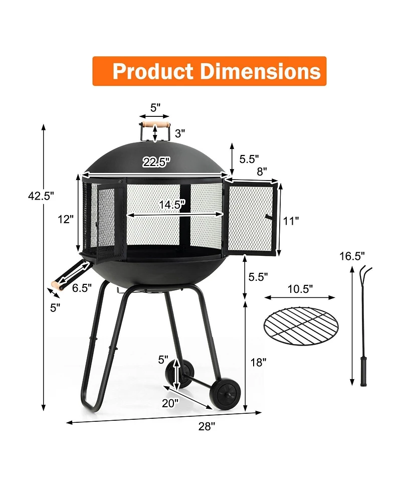 Inolait 28 Inch Portable Fire Pit on Wheels with Log Grate-Black
