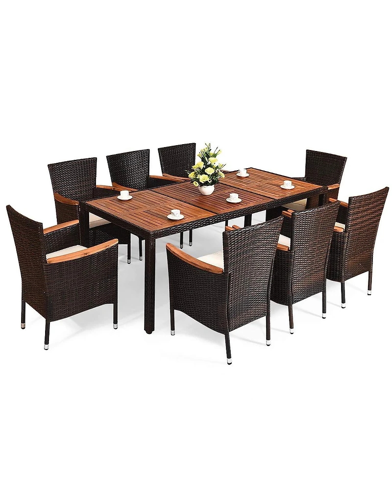 Sugift 9 Pieces Rattan Dining Set with Acacia Wood Table and Stackable Cushioned Chairs