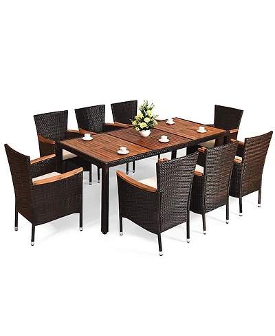 Sugift 9 Pieces Rattan Dining Set with Acacia Wood Table and Stackable Cushioned Chairs