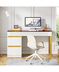 Tribesigns Computer Desk with 4 Drawers, 47 Inch Modern Home Office Desk with Glass Top, White and Gold Writing Workstation Desk with Storage, Makeup