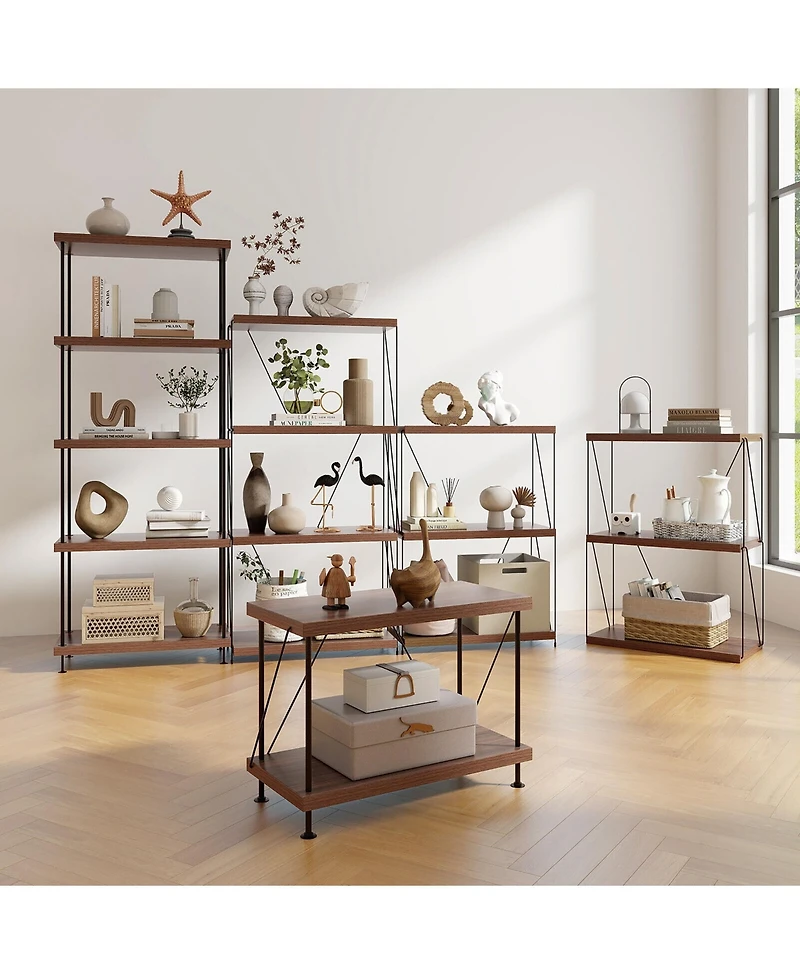 Gymax -Tier Multipurpose Display Rack Freestanding Bookshelf w/ Metal Frame Walnut