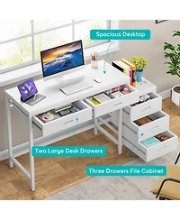Tribesigns Computer Desk with 5 Drawers, Home Office Desks Reversible Drawer Cabinet Printer Stand, Rustic Study Writing Table Workstation