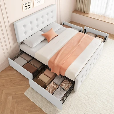 gaomon Queen Bed Frame with 4 Storage Drawers and Headboard, Velvet Upholstered Platform Wooden Slats Support, Button Tufted Desig