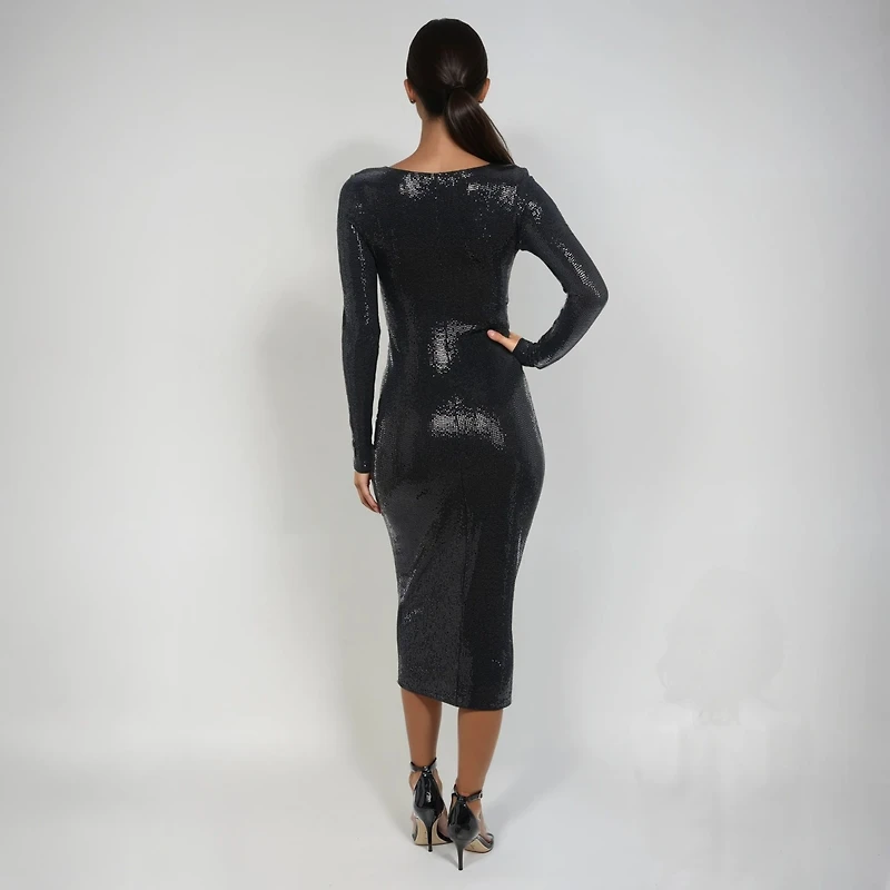 bebe Women's Long Sleeve Square Neck Disco Dot Maxi Dress