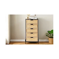Modern Rattan 5 Drawers Dresser, Double Dresser for Bedroom, Chest of Drawers Closet Organizers and Storage Clothes for Bedroom Living Room Hallway Of