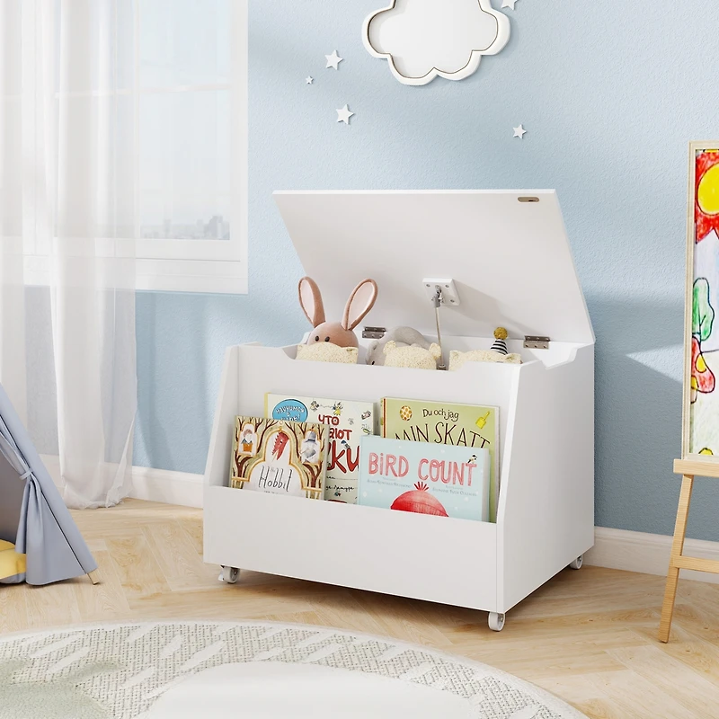 Gymax Kids Toy Box Wooden Storage Chest Bench w/ Bookshelf Wheels Safety Hinge Lid