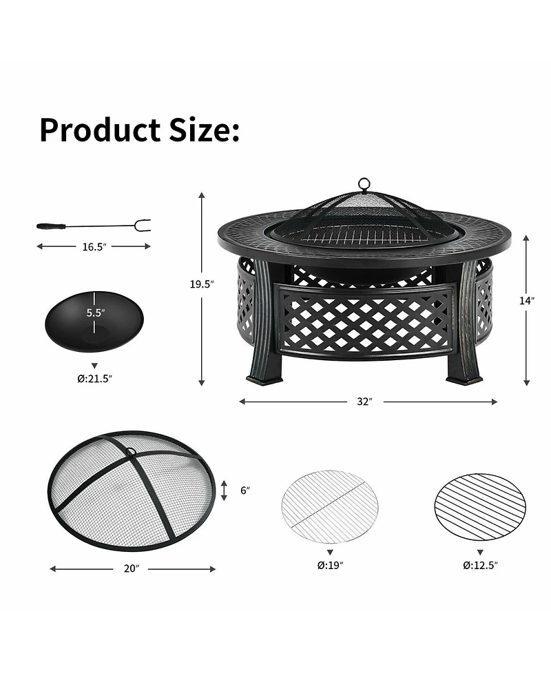Inolait Outdoor Fire Pit with Bbq Grill and High-temp Resistance Finish