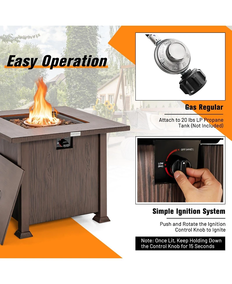 Inolait 32 Inch 50 000 Btu Square Fire Pit Table with Lid and Lava Rocks-Brown