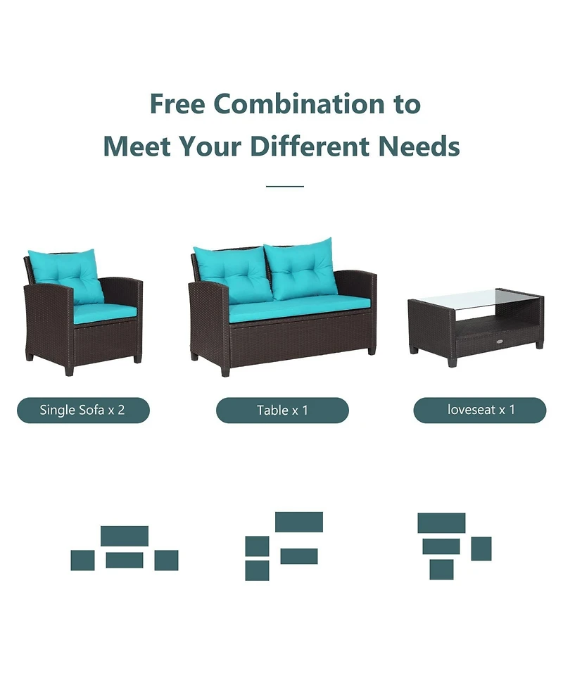 4 Pieces Patio Rattan Conversation Furniture Set with Glass Top Coffee Table