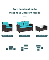 4 Pieces Patio Rattan Conversation Furniture Set with Glass Top Coffee Table