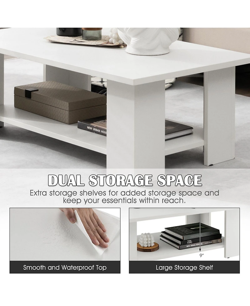 Sugift Large 36 Inch 2-tier Wooden Modern Coffee Table with Storage Shelf