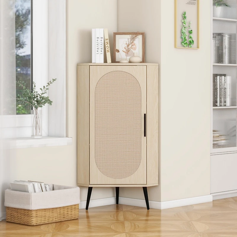 Simplie Fun Corner Cabinet with Rattan Door for Small Spaces
