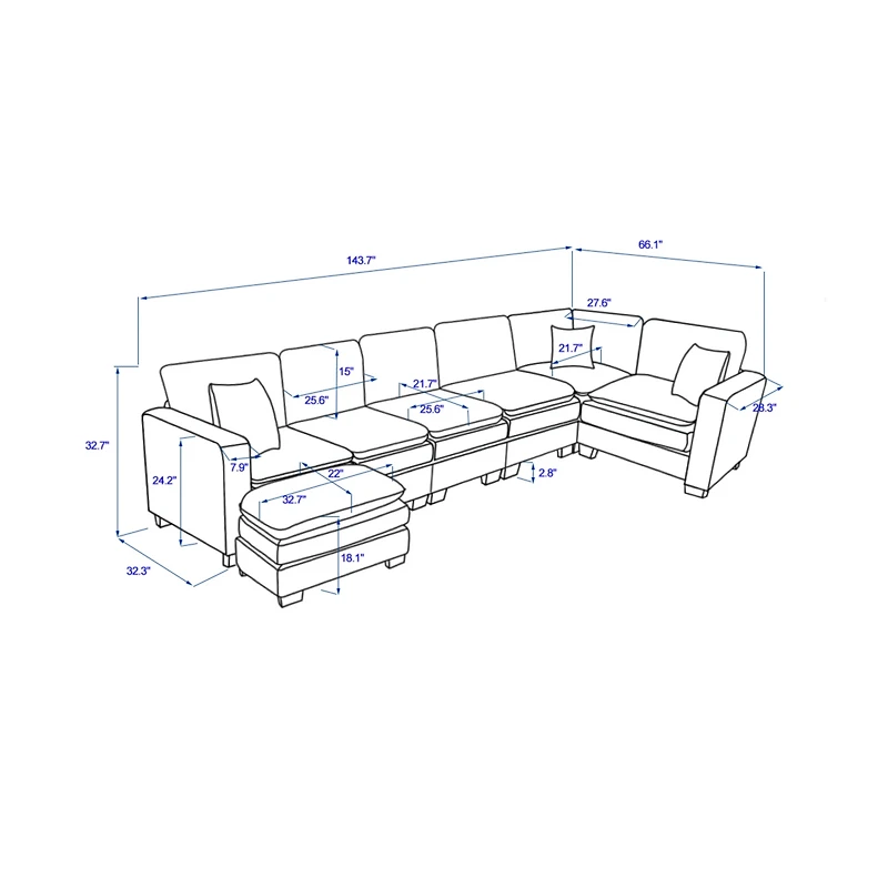 Streamdale Modern U-Shaped 6-Seat Sectional Sofa with Ottoman and Pillows