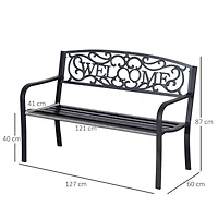 50" Black Metal Welcome Bench with Slatted Seat for Outdoor Spaces