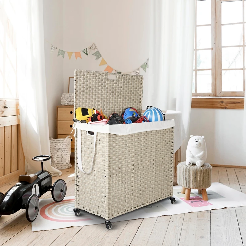 Powder-Coated Rattan Laundry Hamper with Removable Bags and Wheels