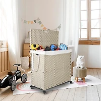 Powder-Coated Rattan Laundry Hamper with Removable Bags and Wheels