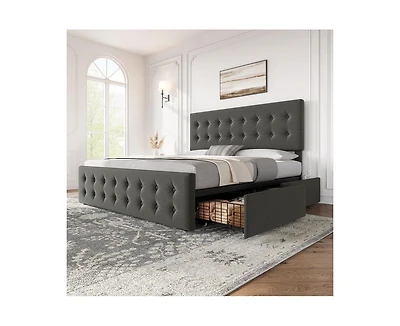 gaomon Queen Bed Frame with 4 Storage Drawers and Headboard, Velvet Upholstered Platform Wooden Slats Support, Button Tufted Desig