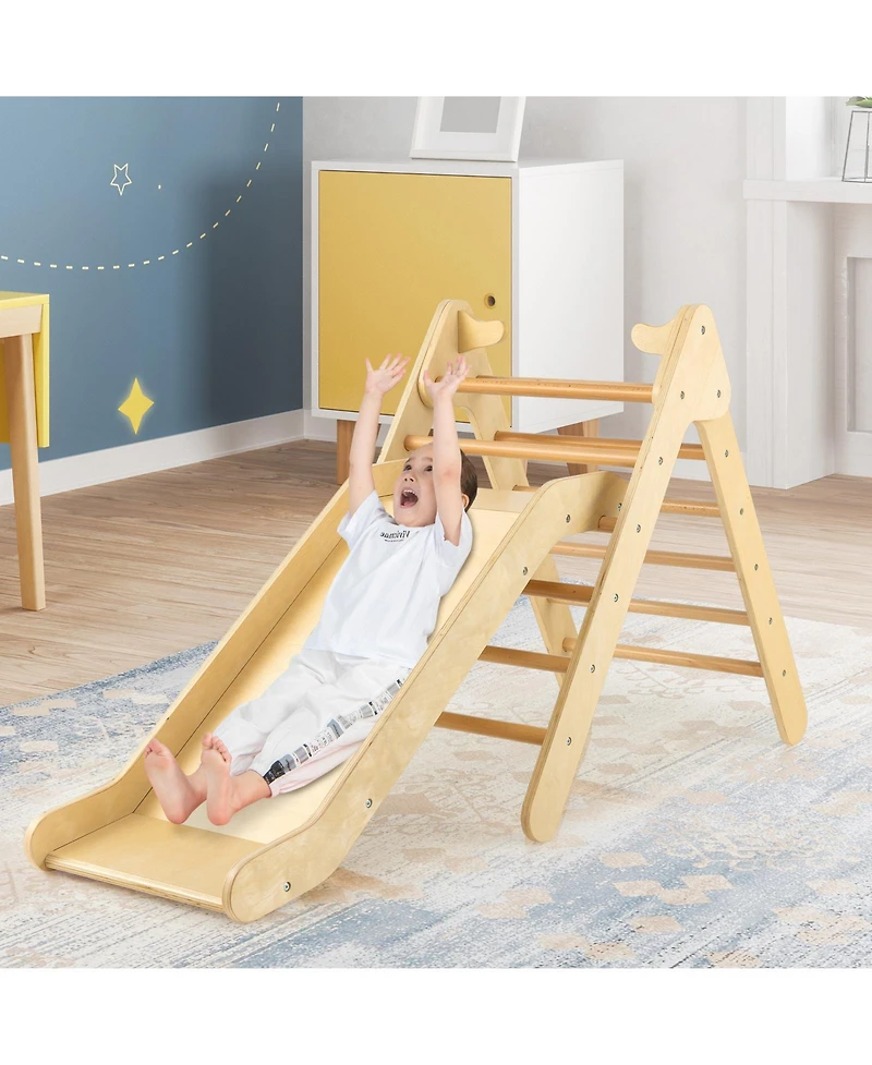 Sugift 2-in-1 Wooden Triangle Climber Set with Gradient Adjustable Slide
