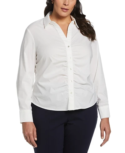 Rafaella Plus Ruched Front Poplin Long Sleeve Button-Down Shirt
