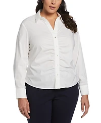 Rafaella Plus Ruched Front Poplin Long Sleeve Button-Down Shirt