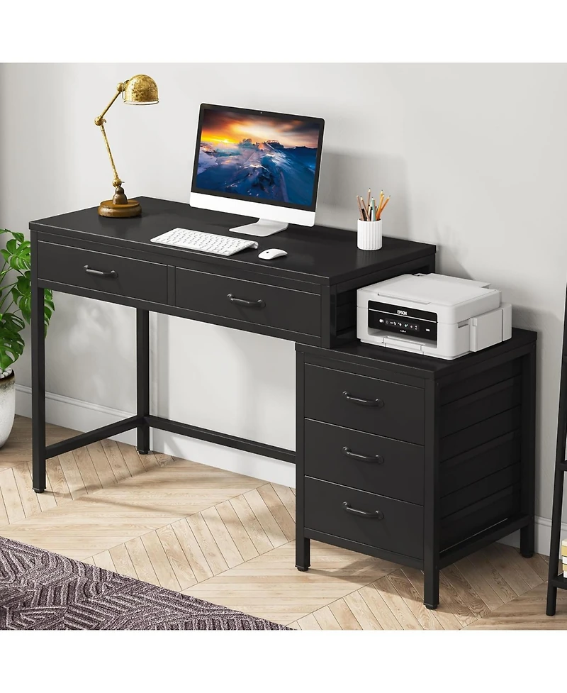 Tribesigns Computer Desk with 5 Drawers, Home Office Desks with Reversible Drawer Cabinet Printer Stand, Rustic Study Writing Table Workstation