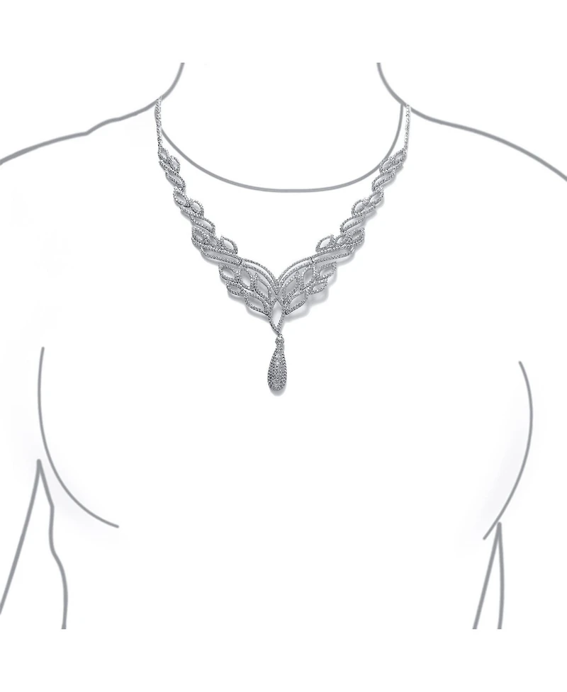 Bling Jewelry Art Deco-Inspired Leaf Statement Collar Necklace With Cleavage Dangling Teardrop Micro Pave Cubic Zirconia Cz