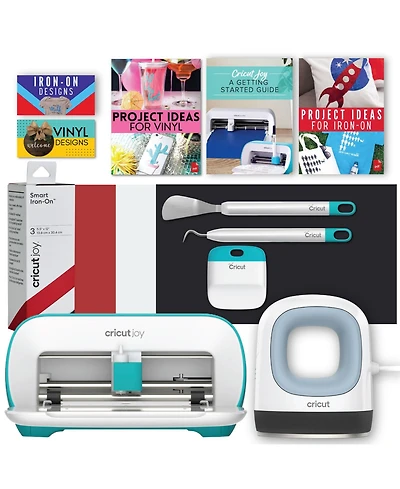 cricut Joy Machine with Mini Heat Press Blue Tool Kit and Iron on Sampler Bundle