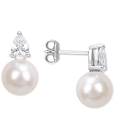 Cultured Freshwater Pearl (8-1/2mm) and Birthstone Stud Earrings 18k Gold-Plated Sterling Silver, Rose Silver or