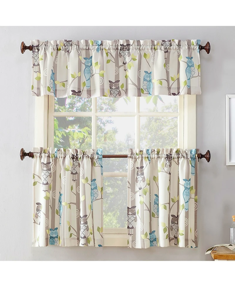Hoot Owl Print Semi-Sheer Rod Pocket Kitchen Curtain Tier Pair