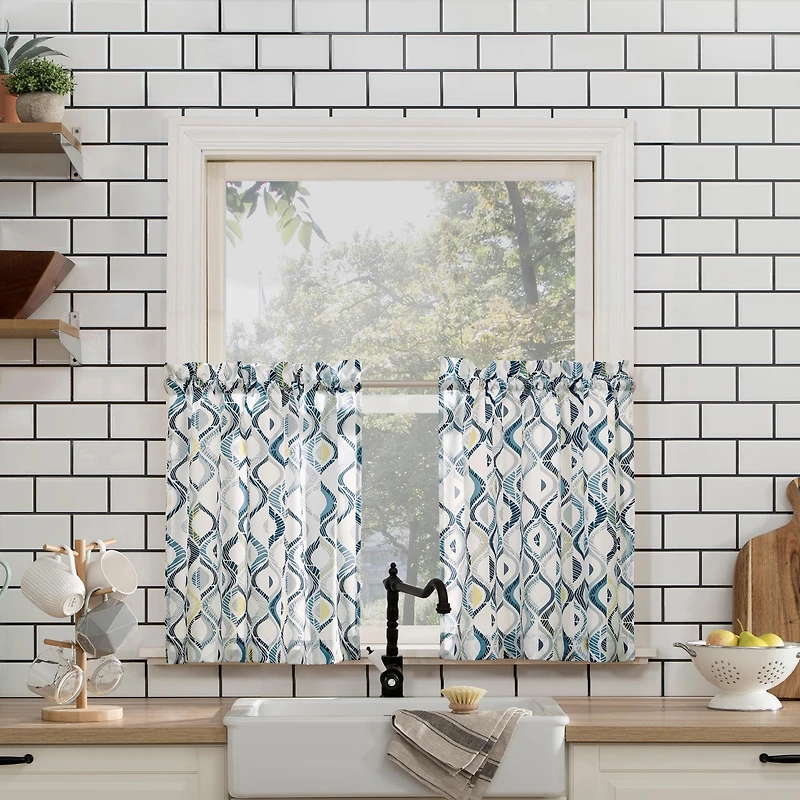 Barker Geometric Semi-Sheer Rod Pocket Kitchen Curtain Valance and Tiers Set