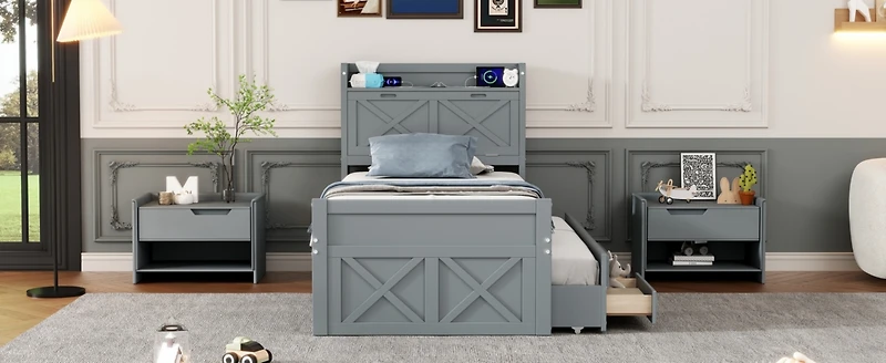 Streamdale Twin Bed with Storage Headboard and Trundle