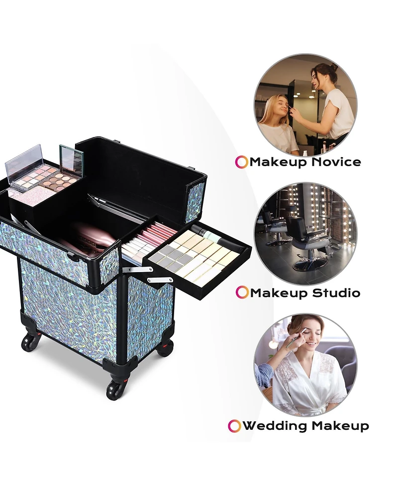 Byootique Rolling Makeup Train Case Cosmetic Trolley Organizer Mermaid Silver