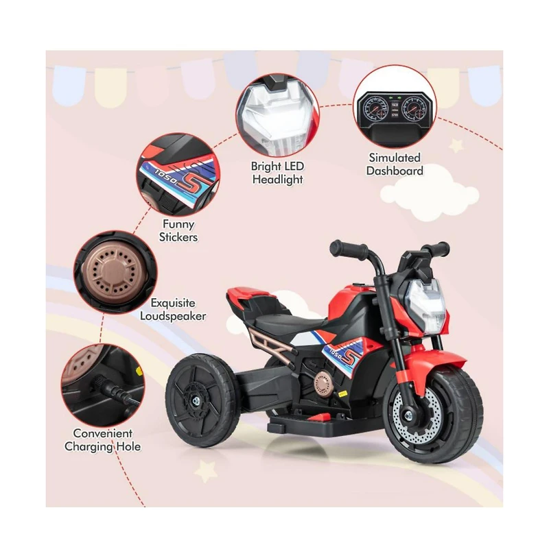 Kids Ride-on Motorcycle 6V Battery Powered Motorbike with Detachable Training Wheels-Red