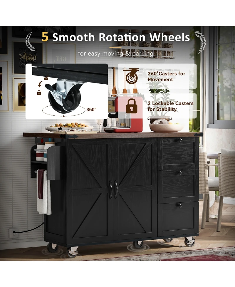 Streamdale Black Farmhouse Kitchen Island w/ Storage, Drop Leaf, Outlet