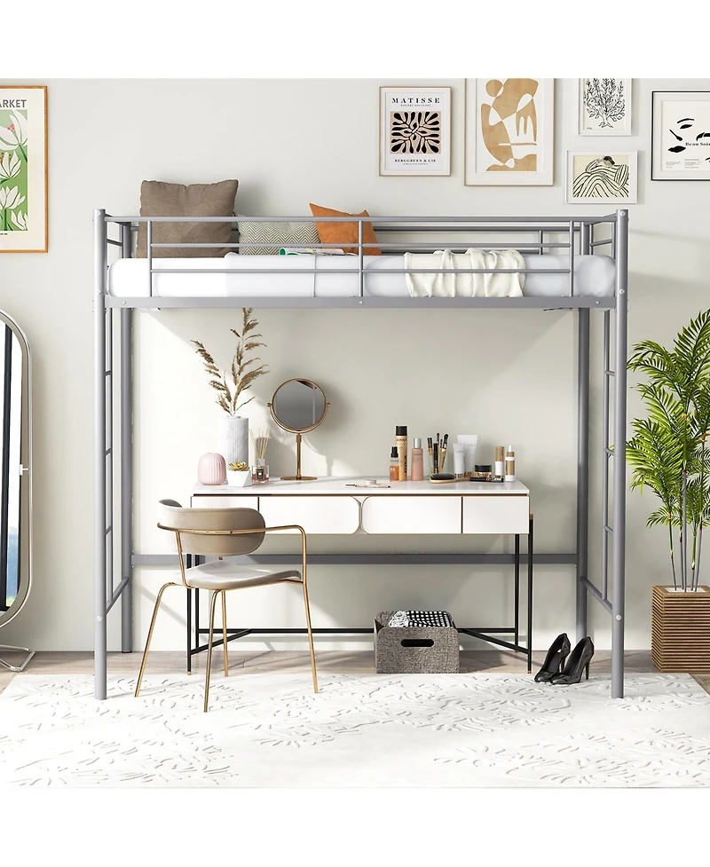 Gymax Twin Metal Loft Bed Frame w/ 2 Ladders Full-length Guardrail Space-Saving Silver