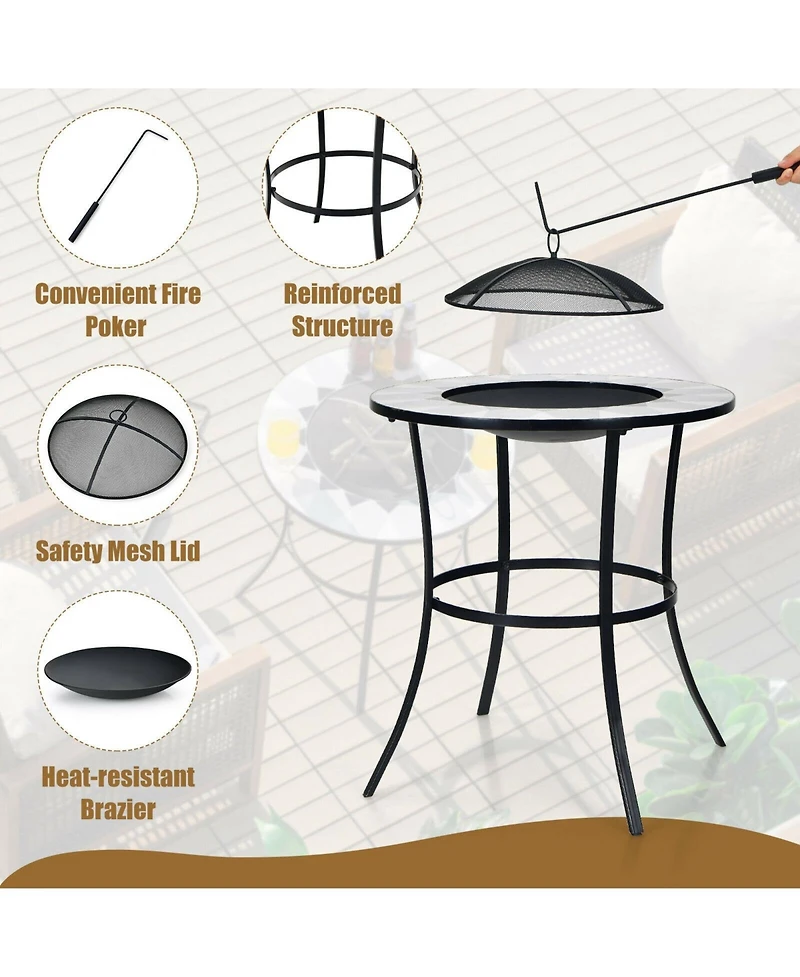 Sugift 23.5 Inches Round Fire Pit Table with Mesh Cover and Fire Poker