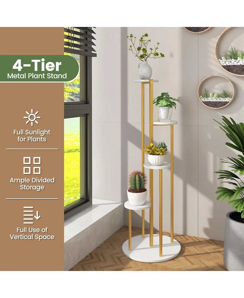 Sugift Indoor Metal Plant Stand Corner Plant Shelf for Potted Plant with Golden Metal Frame-White