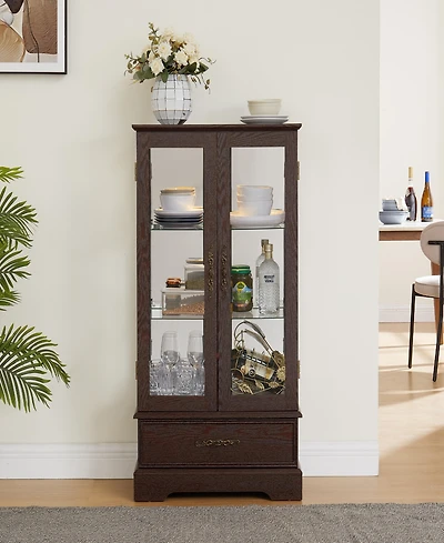 Simplie Fun Lighted Glass Curio Cabinet, Adjustable Shelves, 2 Doors, Drawer, Bulb, Cherry