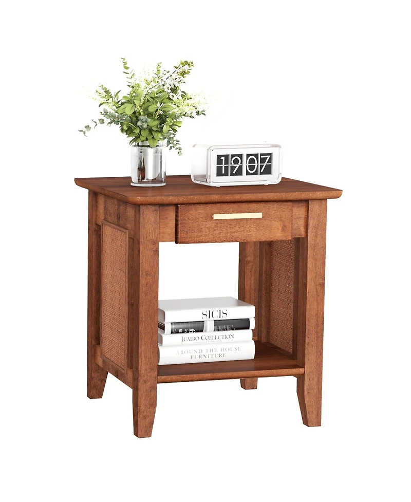 Skonyon Rattan Nightstand End Table with Drawer and Storage Shelf-Walnut