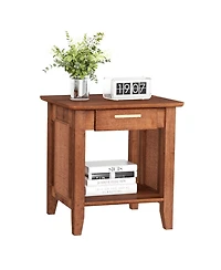 Skonyon Rattan Nightstand End Table with Drawer and Storage Shelf-Walnut