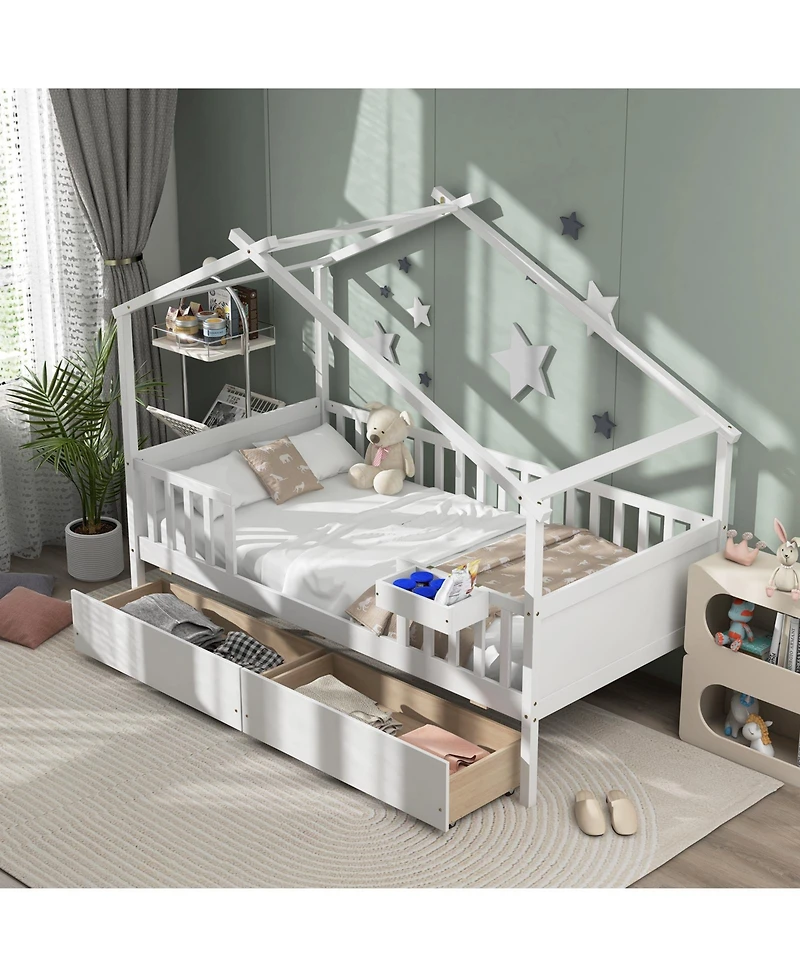 Skonyon Twin House Bed with 2 Storage Drawers and Roof & Fence Rails-White